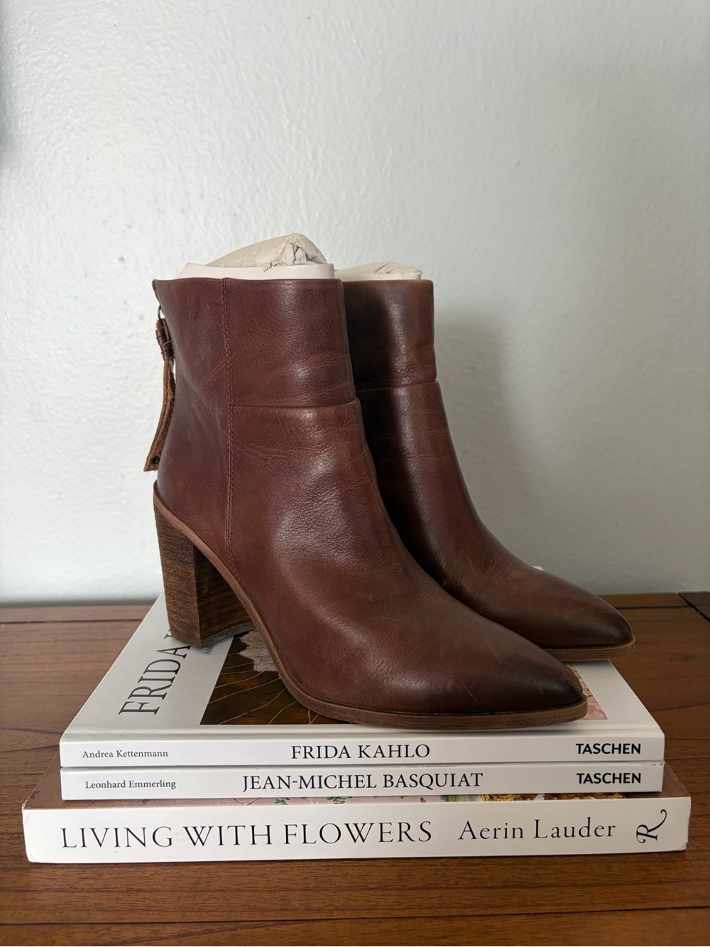 Franco Sarto Brown Leather Pointed Toe Block Heel Ankle Boots